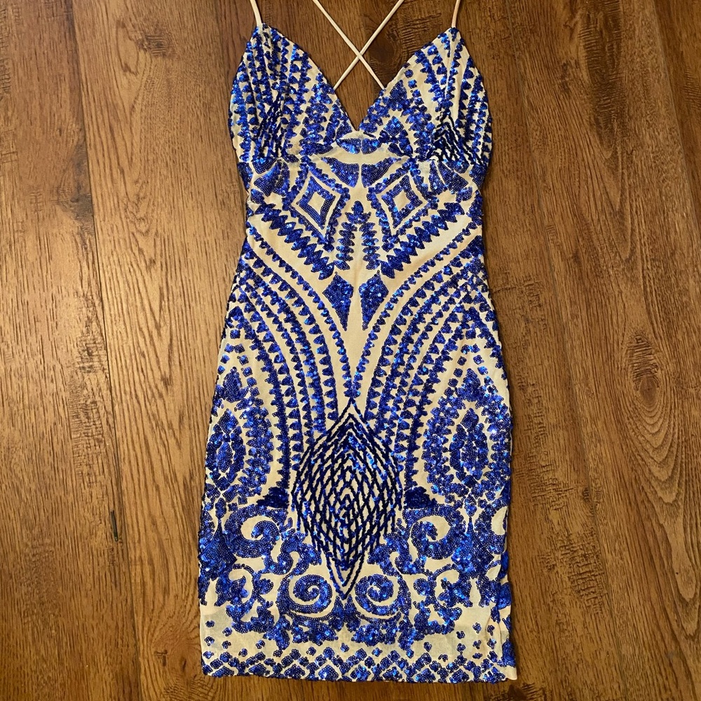 Main Strip - size small, blue sequin and nude/tan colored mini dress